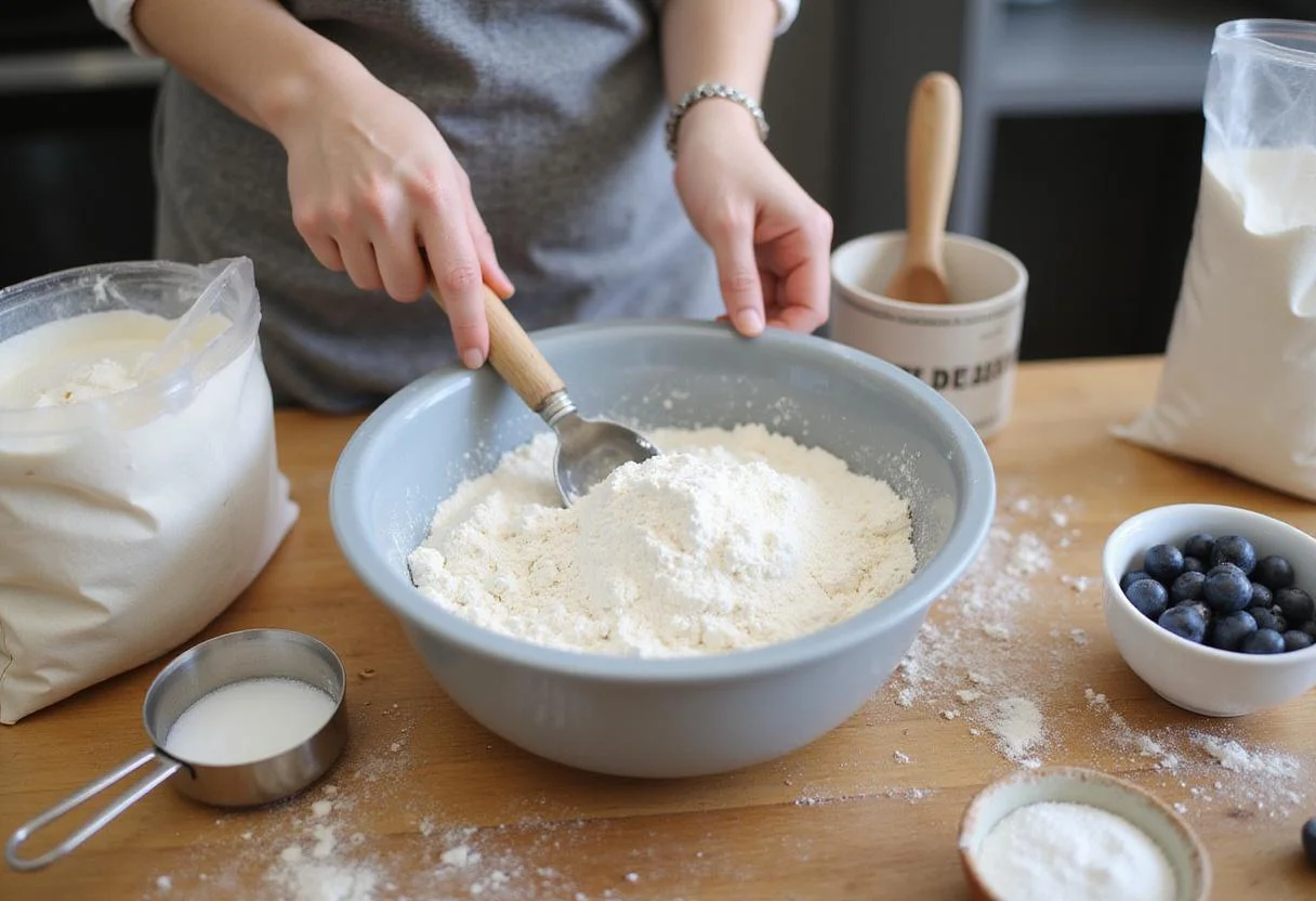 Mixing ingredients for blueberry bagel calories, showing flour, sugar, and yeast in a rustic kitchen setting.