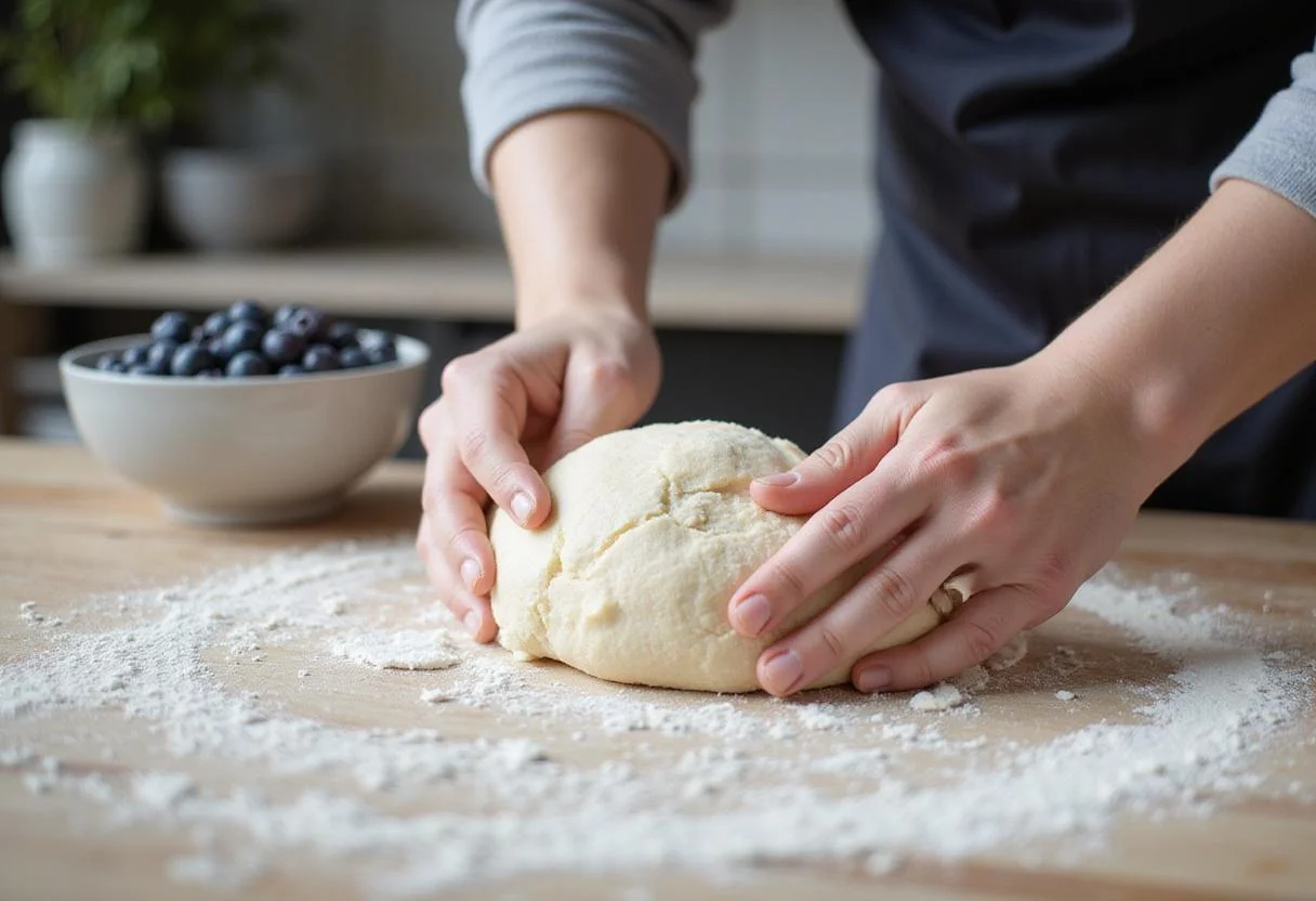 Kneading dough for blueberry bagel calories, highlighting the process in a cozy, well-lit kitchen.