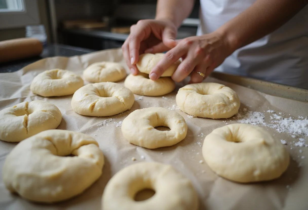 Shaping blueberry bagels for baking, showcasing the careful crafting of bagel dough in a friendly baking environment.