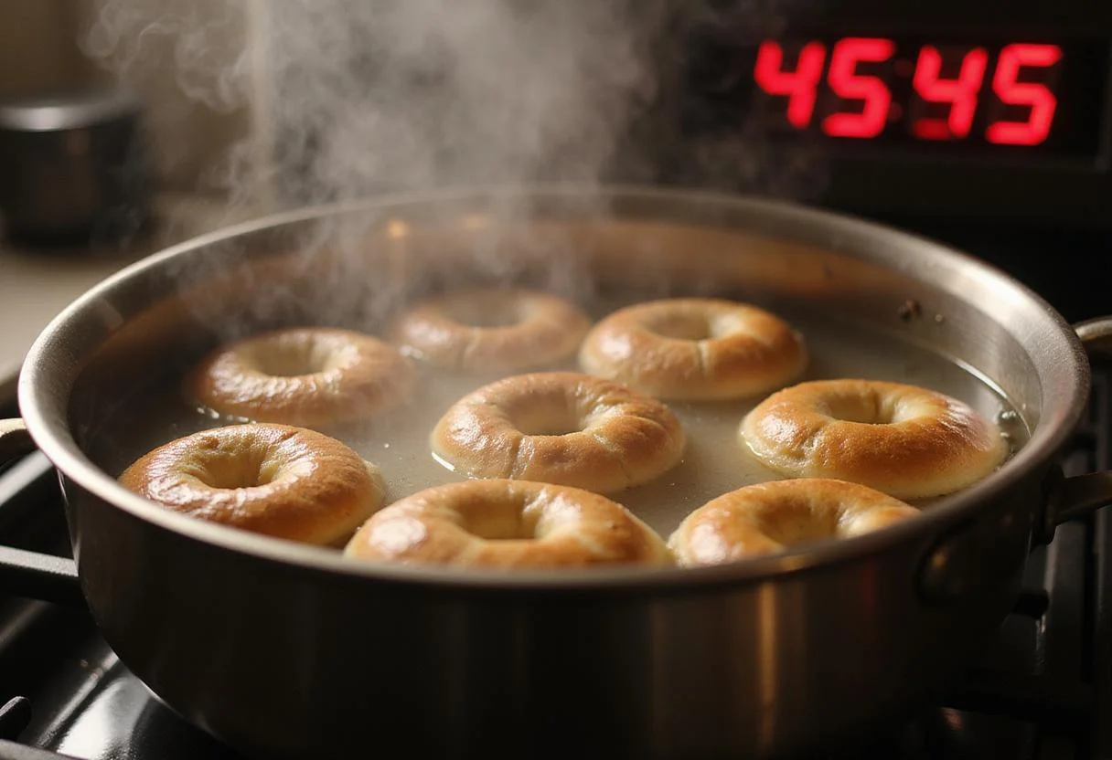 Boiling bagels for blueberry bagel calories, capturing the unique cooking step in a vibrant kitchen atmosphere.