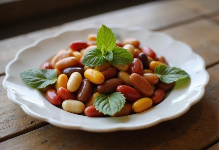 Final presentation of Boston beans candy treats, beautifully arranged on a plate with mint leaves, appealing visuals in a warm kitchen setting.