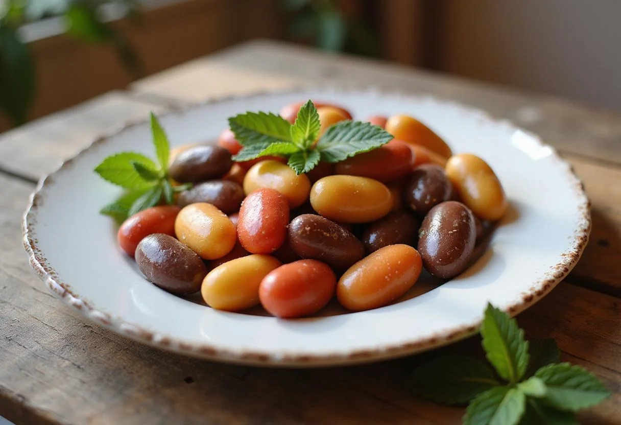 Final presentation of Boston beans candy treats, beautifully arranged on a plate with mint leaves, appealing visuals in a warm kitchen setting.
