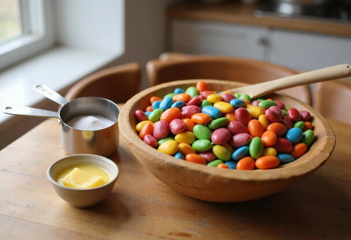 Preparing ingredients for Boston beans candy treat, showcasing vibrant colorful beans with sugar and melted butter.