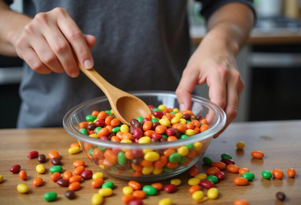 Mixing Boston beans candy ingredients, featuring a fun kitchen scene with colorful candy and a wooden spoon.