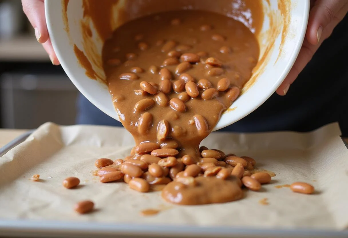 Pouring Boston beans candy mixture onto baking sheet, capturing the vibrant candy spilling out and the cheerful kitchen environment.