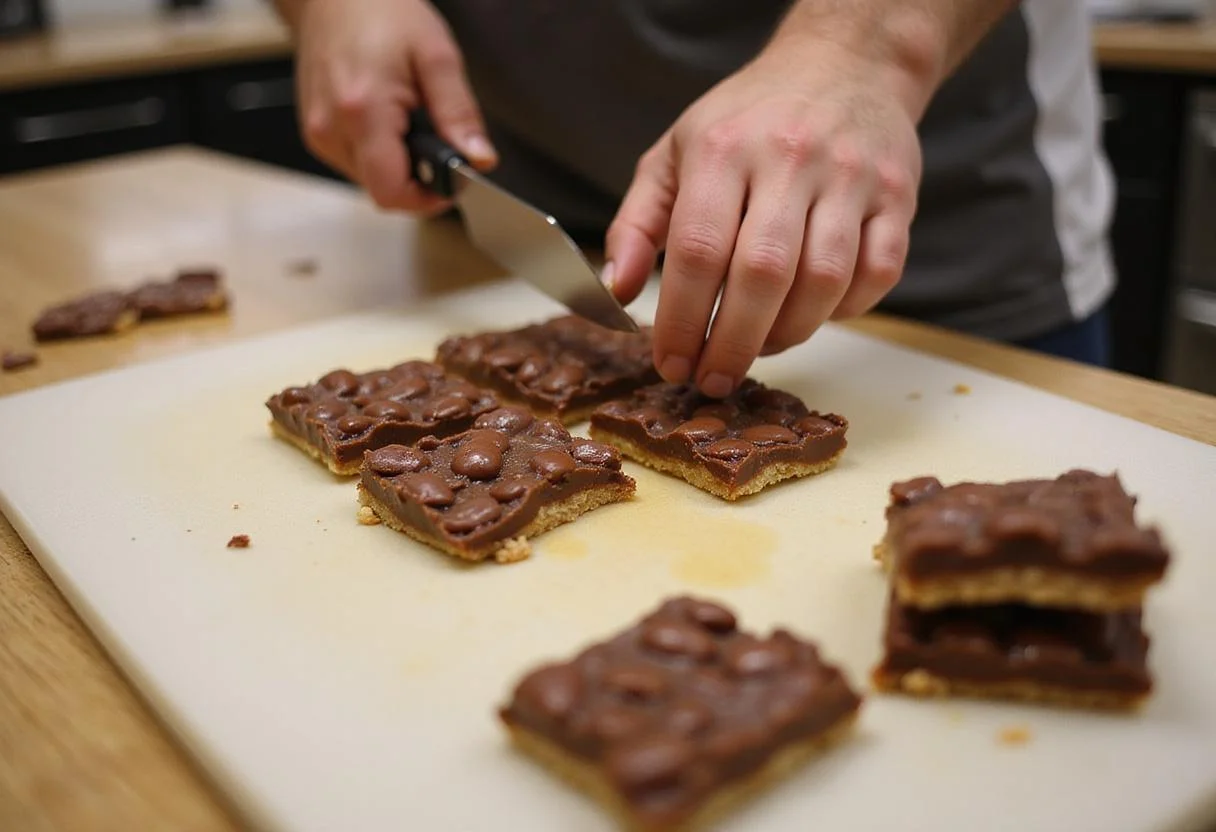 Cutting set Boston beans candy into squares, illustrating the delightful candy treat in a lively kitchen atmosphere.