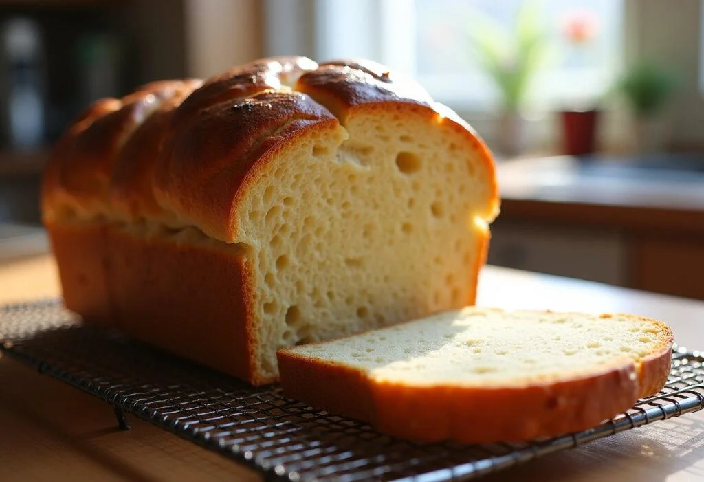The final presentation of Bread 647, showcasing its crispy crust and soft interior on a cooling rack in a charming kitchen.