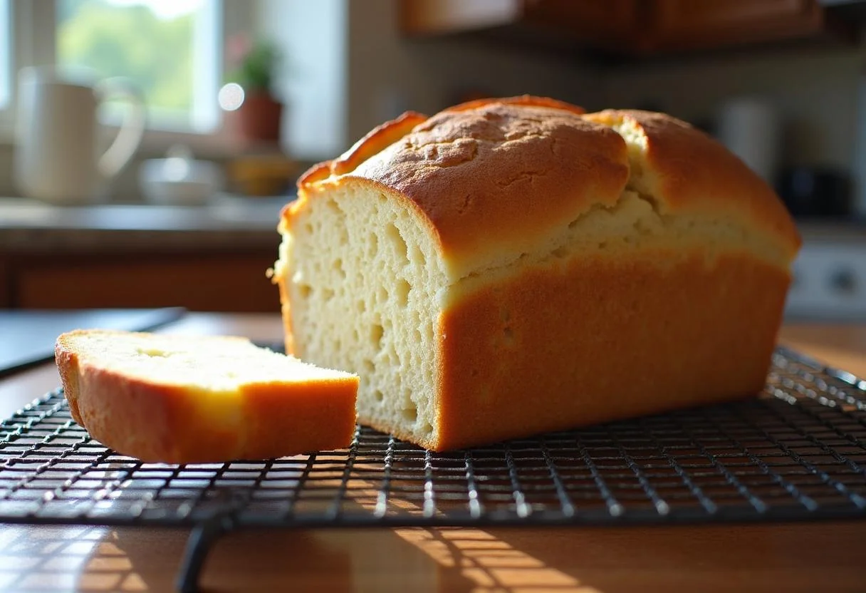 The final presentation of Bread 647, showcasing its crispy crust and soft interior on a cooling rack in a charming kitchen.