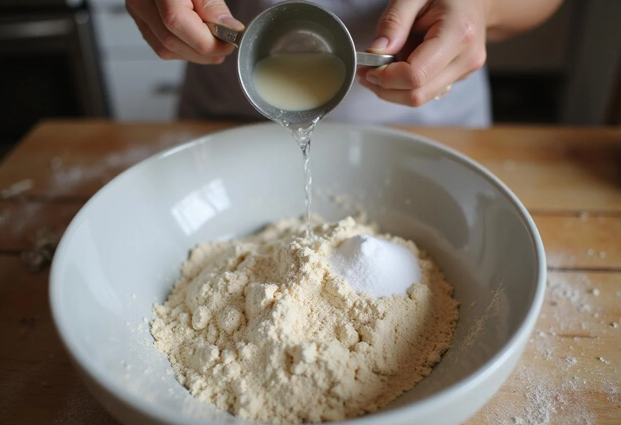 Mixing ingredients for Bread 647, including flour, yeast, and salt, in a warm and inviting kitchen atmosphere.