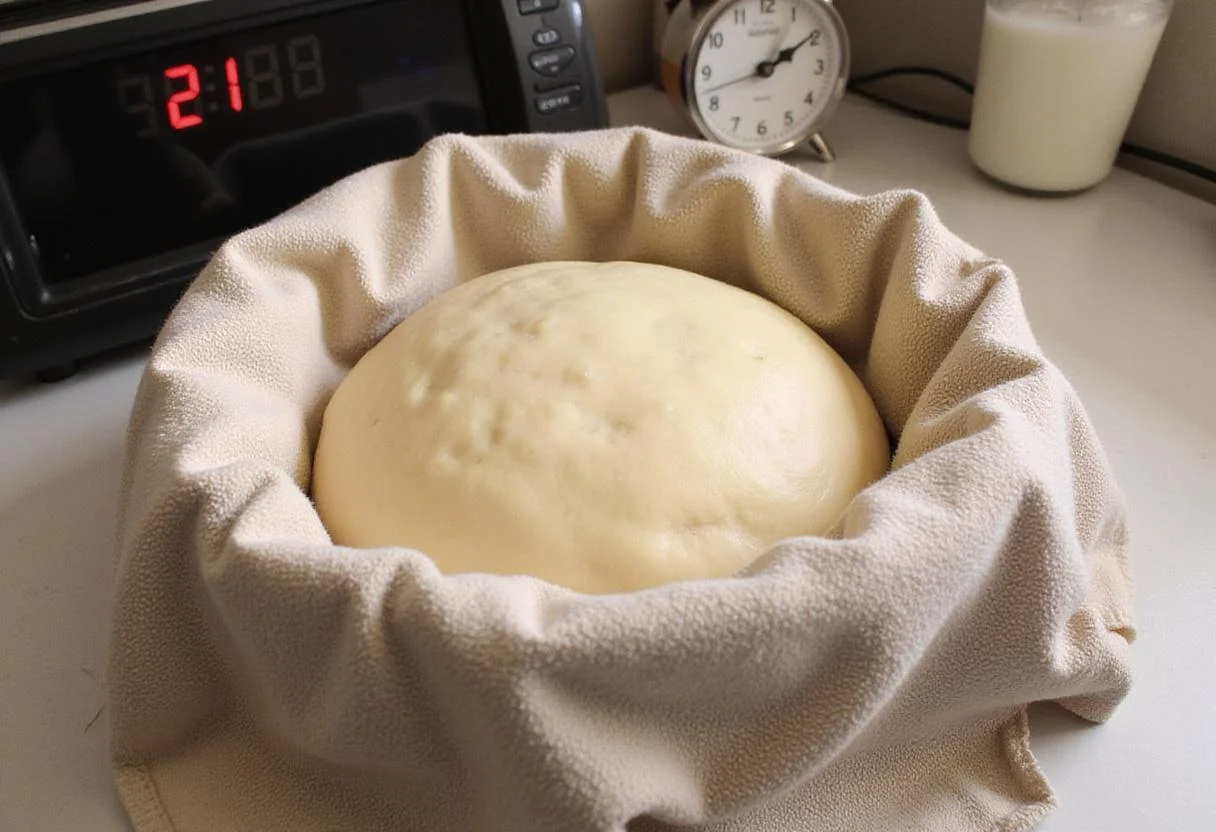 The dough rising for Bread 647, covered and patiently waiting on the kitchen counter during its proofing phase.