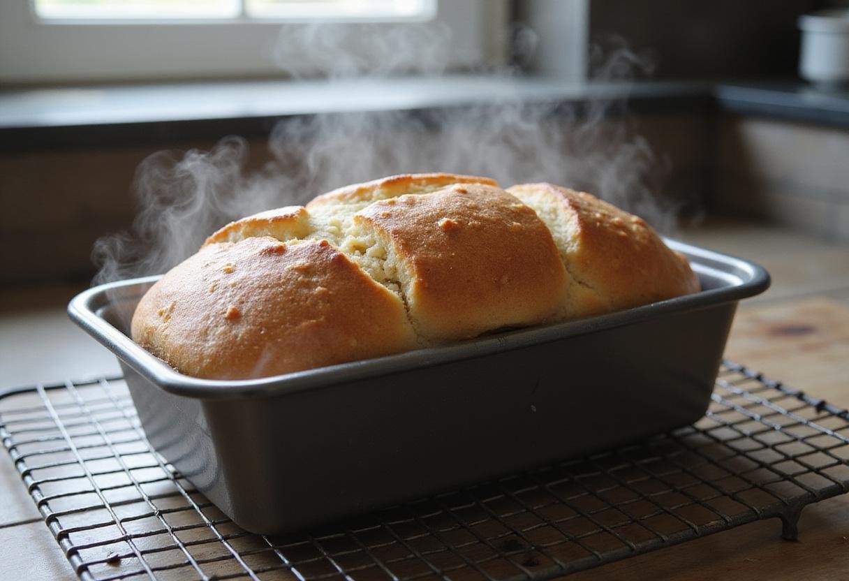 freshly baked bread from bread pan with lid on a cooling rack, perfect golden crust and steam rising