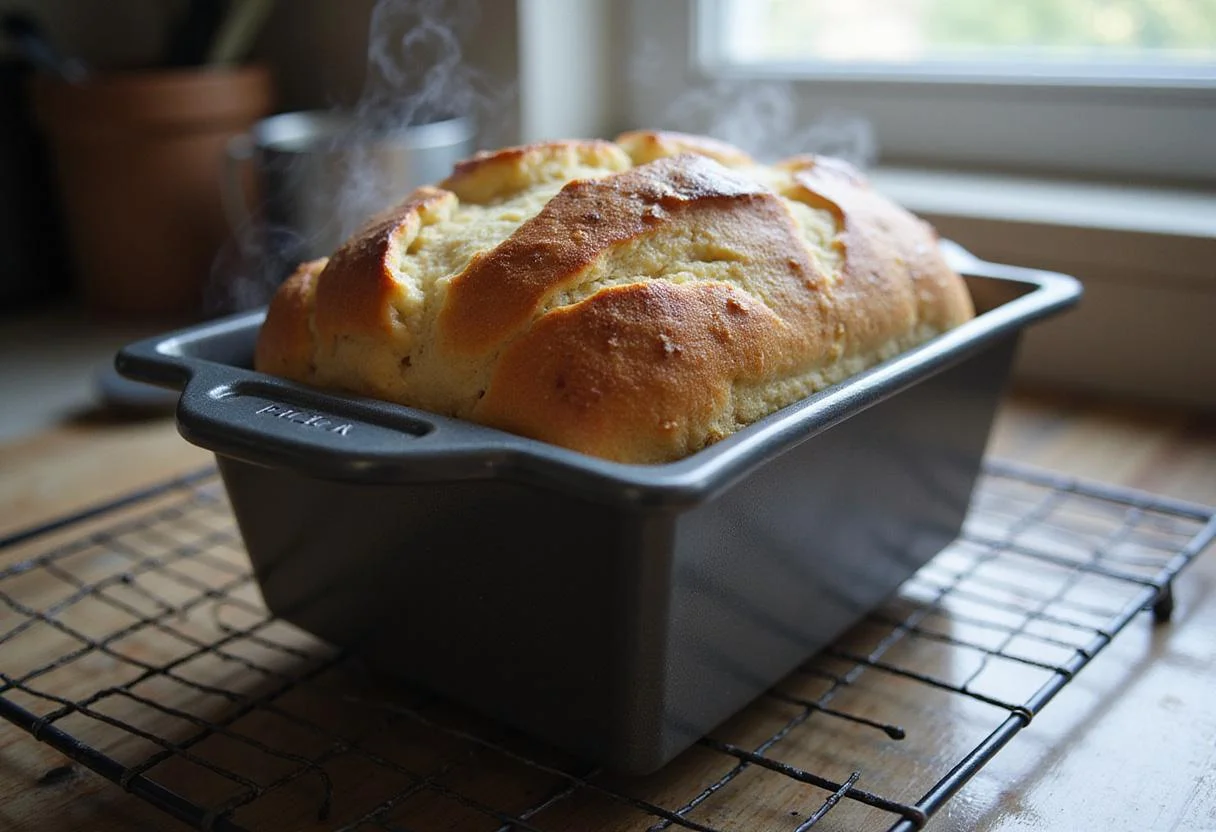 freshly baked bread from bread pan with lid on a cooling rack, perfect golden crust and steam rising