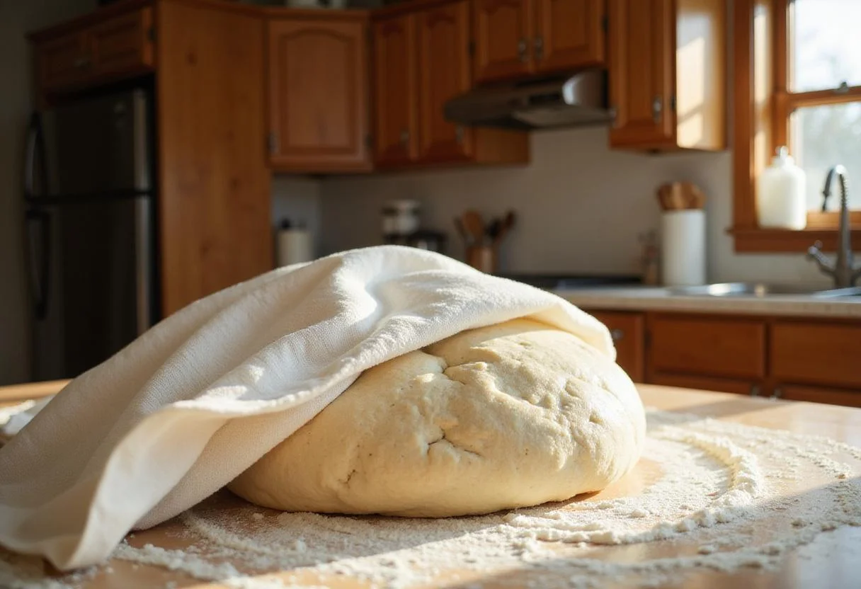 dough rising for bread pan with lid, cozy kitchen setting with warm sunlight