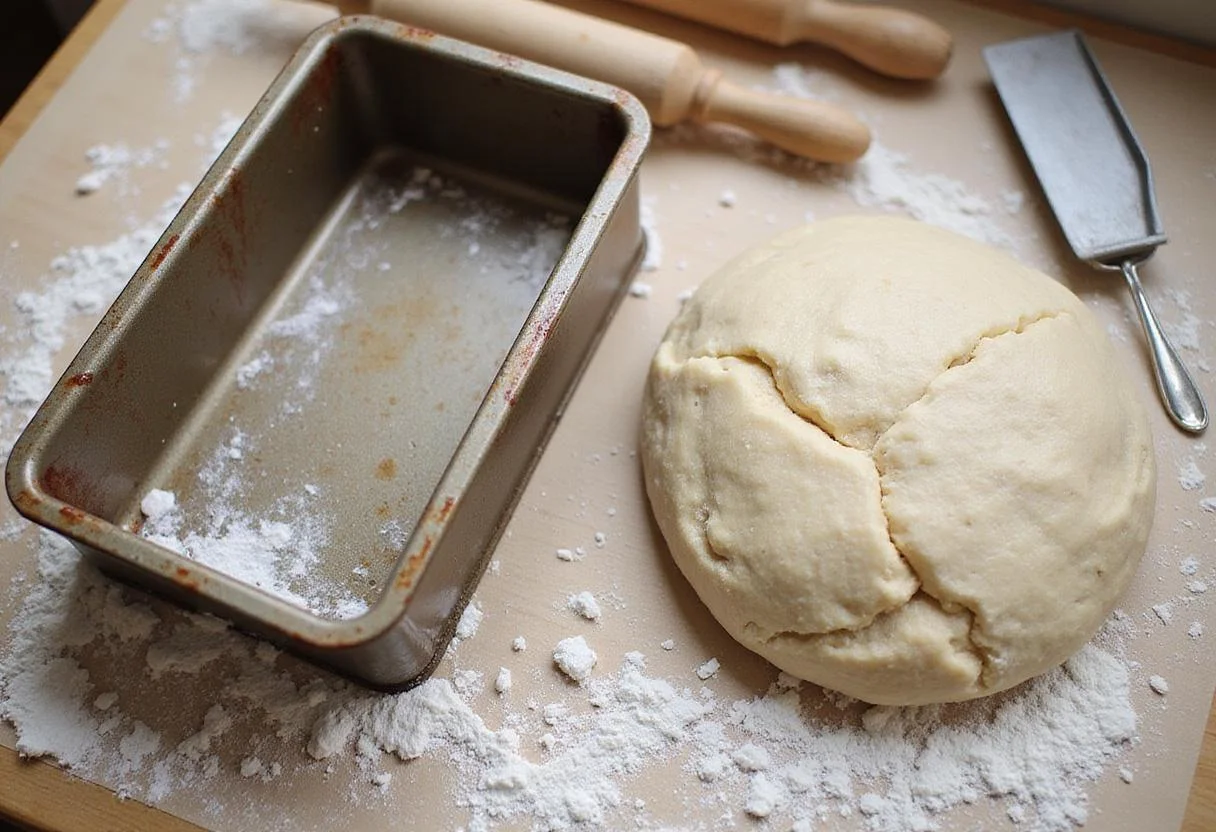 shaping dough for bread pan with lid, countertop with flour and baking tools present