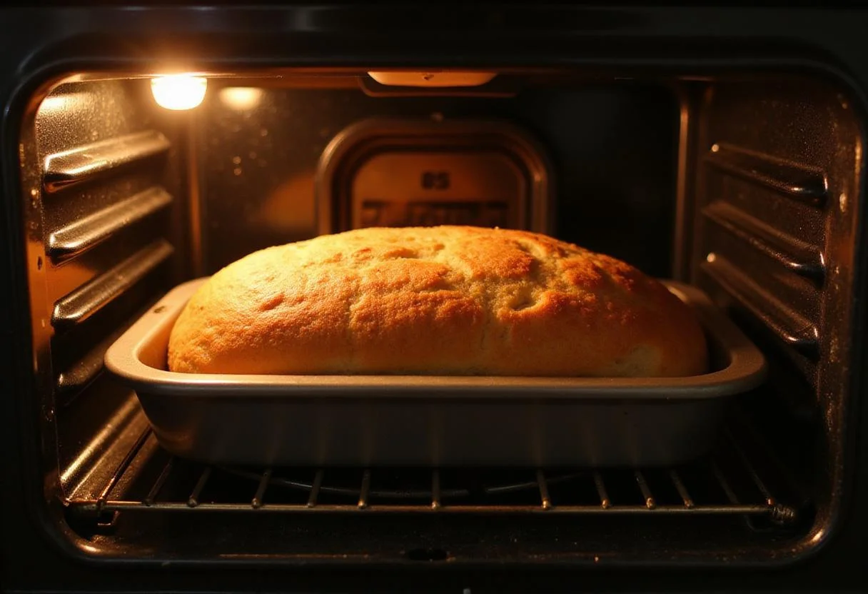 bread pan with lid baking in the oven, golden-brown light and temperature display