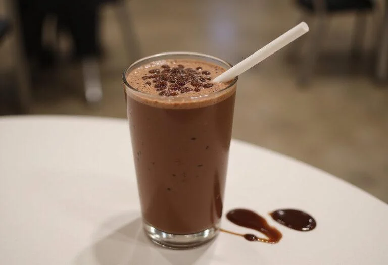 Final presentation of bubbly sweet chocolate pearl sensation, showcasing a delicious chocolate boba drink ready for enjoyment.