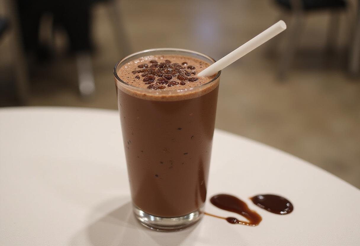 Final presentation of bubbly sweet chocolate pearl sensation, showcasing a delicious chocolate boba drink ready for enjoyment.