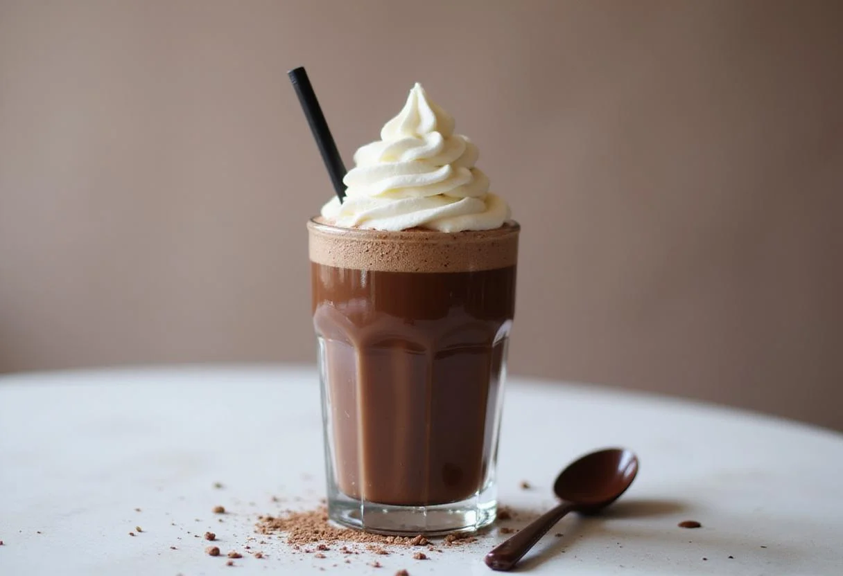 Final presentation of bubbly sweet chocolate pearl sensation, showcasing a delicious chocolate boba drink ready for enjoyment.
