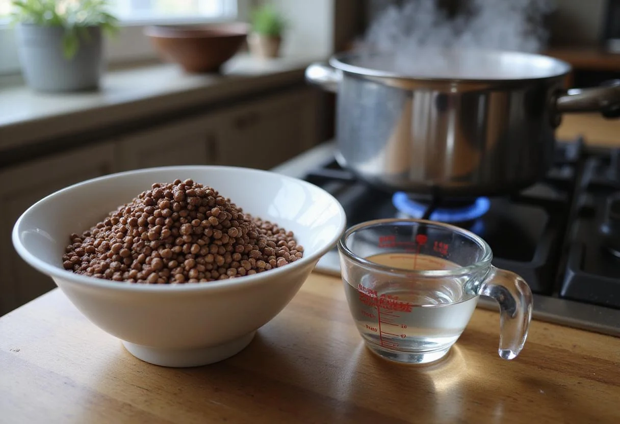 Tapioca pearls and water preparation for chocolate boba, showing ingredients for bubbly sweet chocolate pearl sensation.