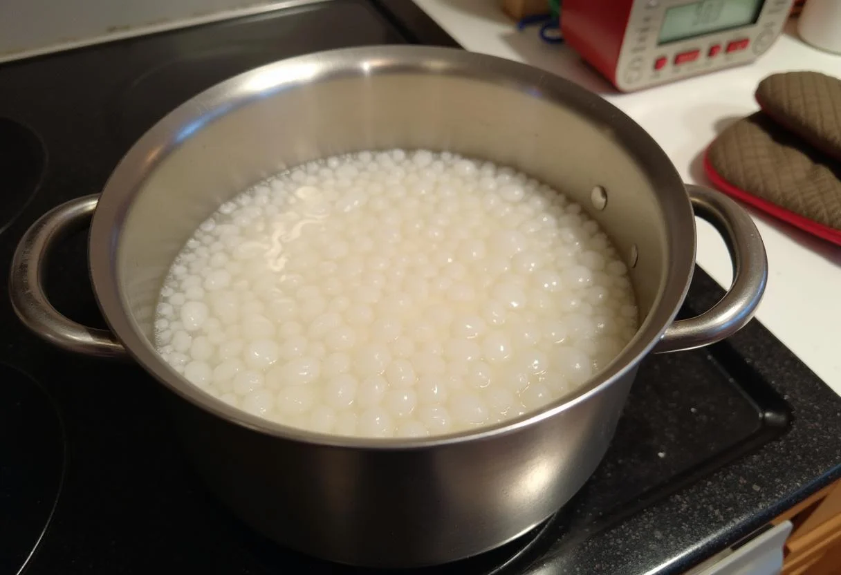 Cooking tapioca pearls for chocolate boba, showcasing the boiling process for bubbly sweet chocolate pearl sensation.