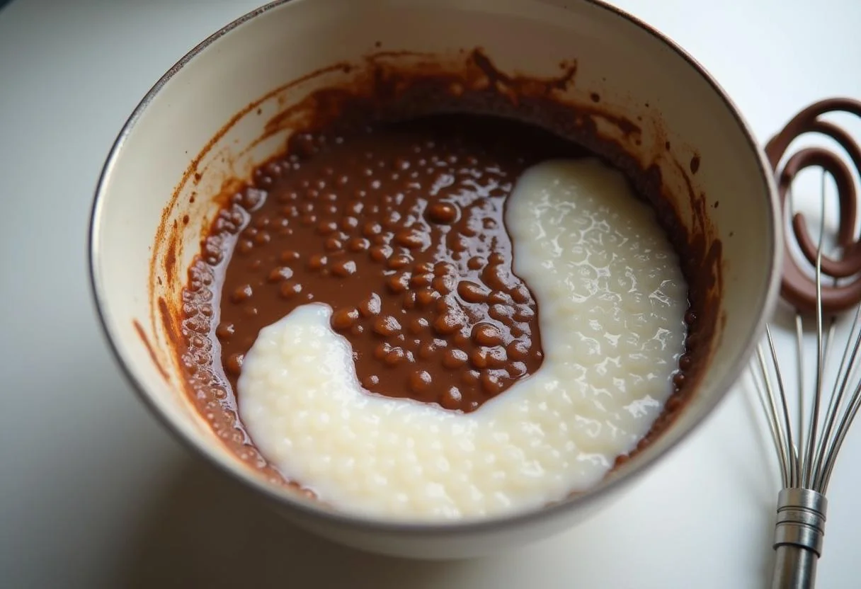 Mixing melted chocolate with tapioca pearls for a sweet chocolate boba treat, highlighting the preparation of chocolate boba sensation.
