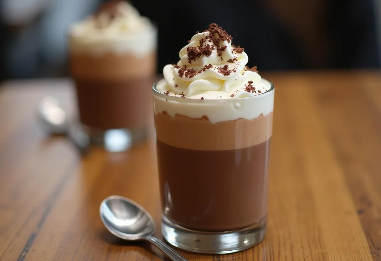 Artfully presented chocolate boba dessert with whipped cream and chocolate shavings, featuring a bubbly sweet chocolate pearl sensation.