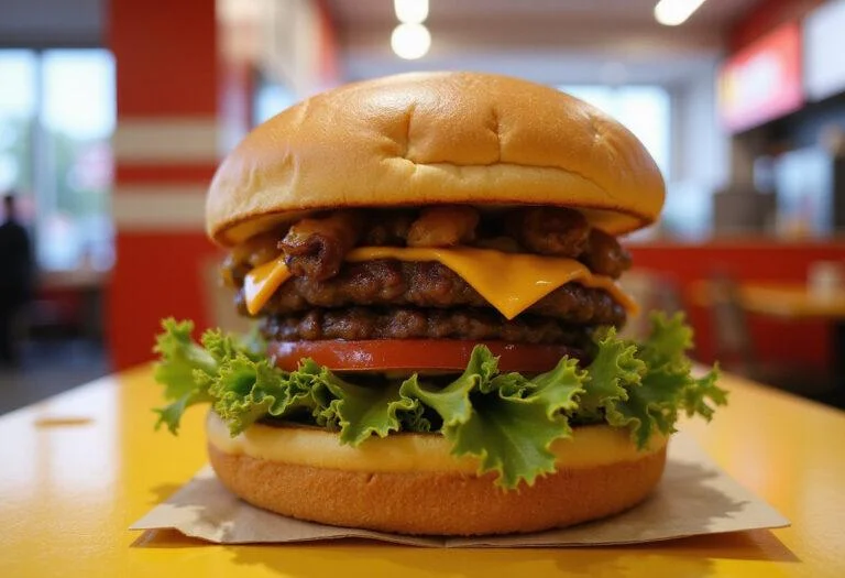 The completed Burger King Double Whopper, showcasing all layers and ingredients in a vibrant fast-food environment.