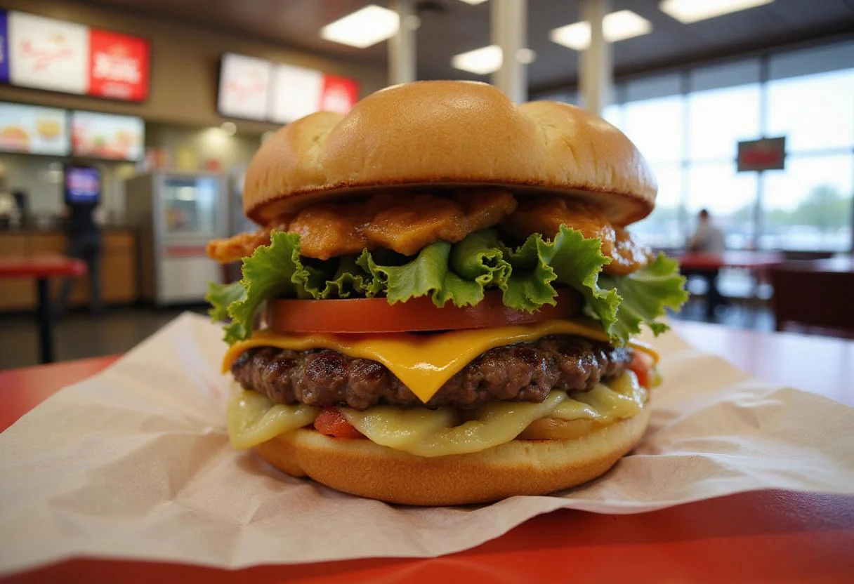 The completed Burger King Double Whopper, showcasing all layers and ingredients in a vibrant fast-food environment.