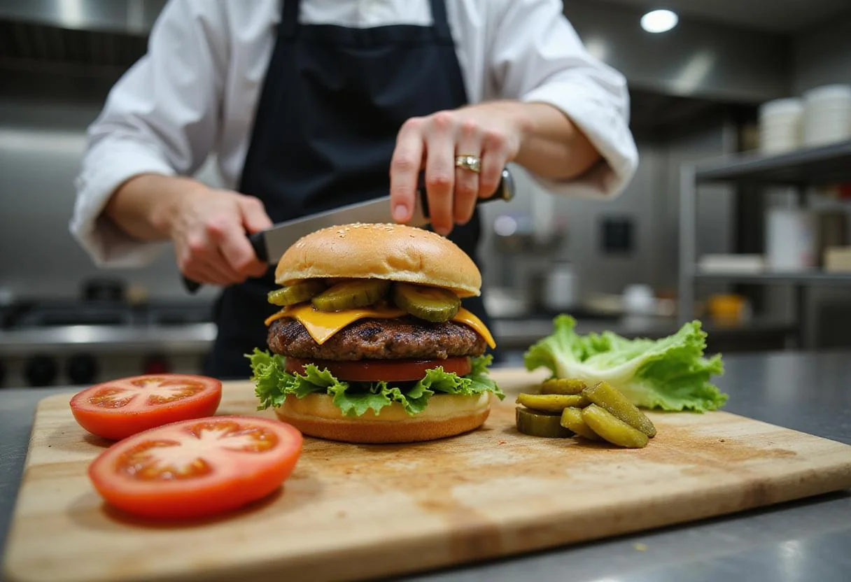 Fresh ingredients for a Burger King Double Whopper including sliced tomatoes, lettuce, and pickles being prepared in a kitchen setting.