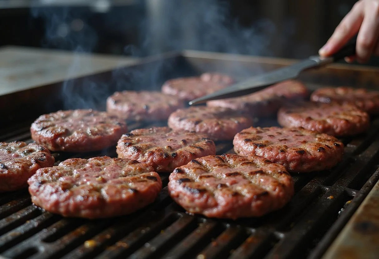 Juicy hamburger patties sizzling on the grill, flipped by a chef for the iconic Burger King Double Whopper.