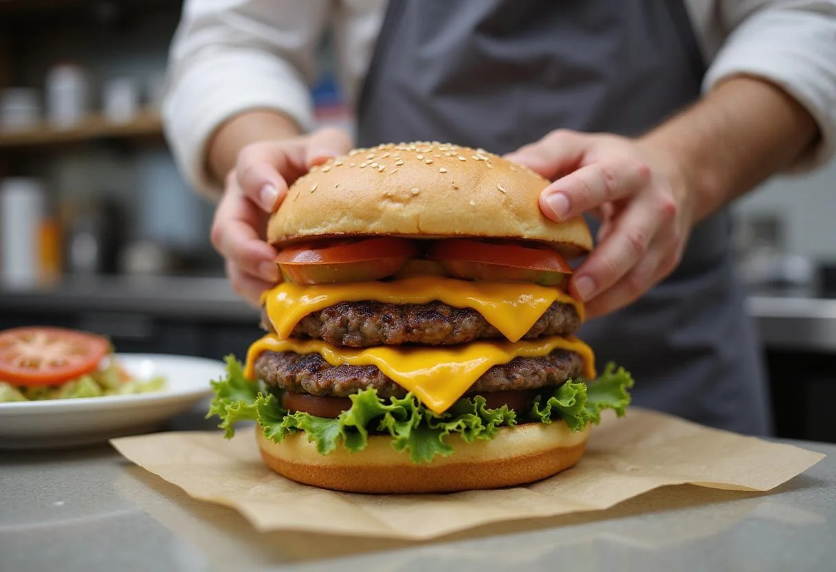 Assembling a Burger King Double Whopper on a counter, with layers of patties, cheese, lettuce, and tomatoes being added to the bun.