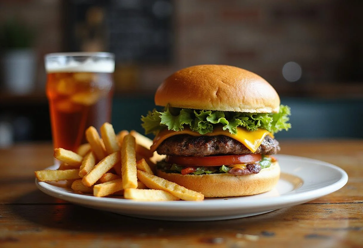 A plated Burger King Double Whopper alongside crispy fries and a cold drink on a rustic table, showcasing the delicious meal.
