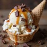Delicious caramel cone ice cream swirl, elegantly garnished, showcasing the creamy dessert perfect for summer.