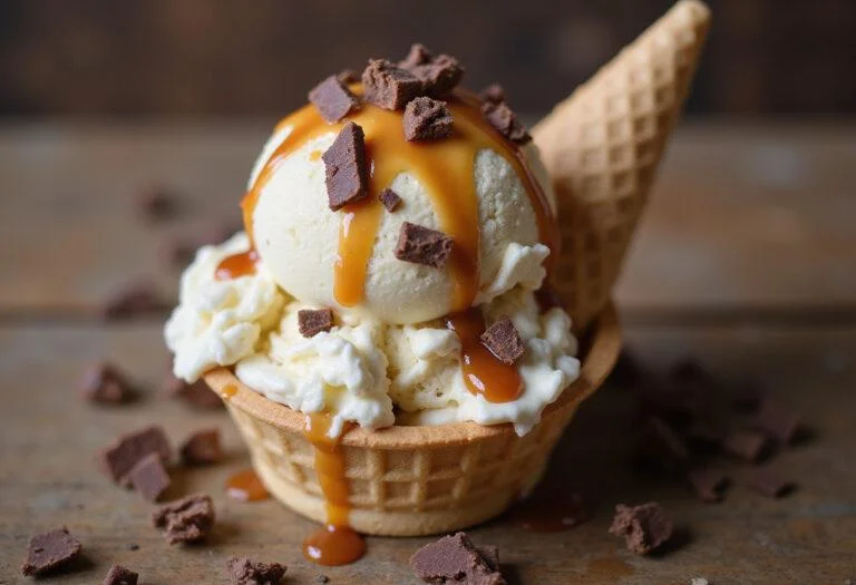 Delicious caramel cone ice cream swirl, elegantly garnished, showcasing the creamy dessert perfect for summer.
