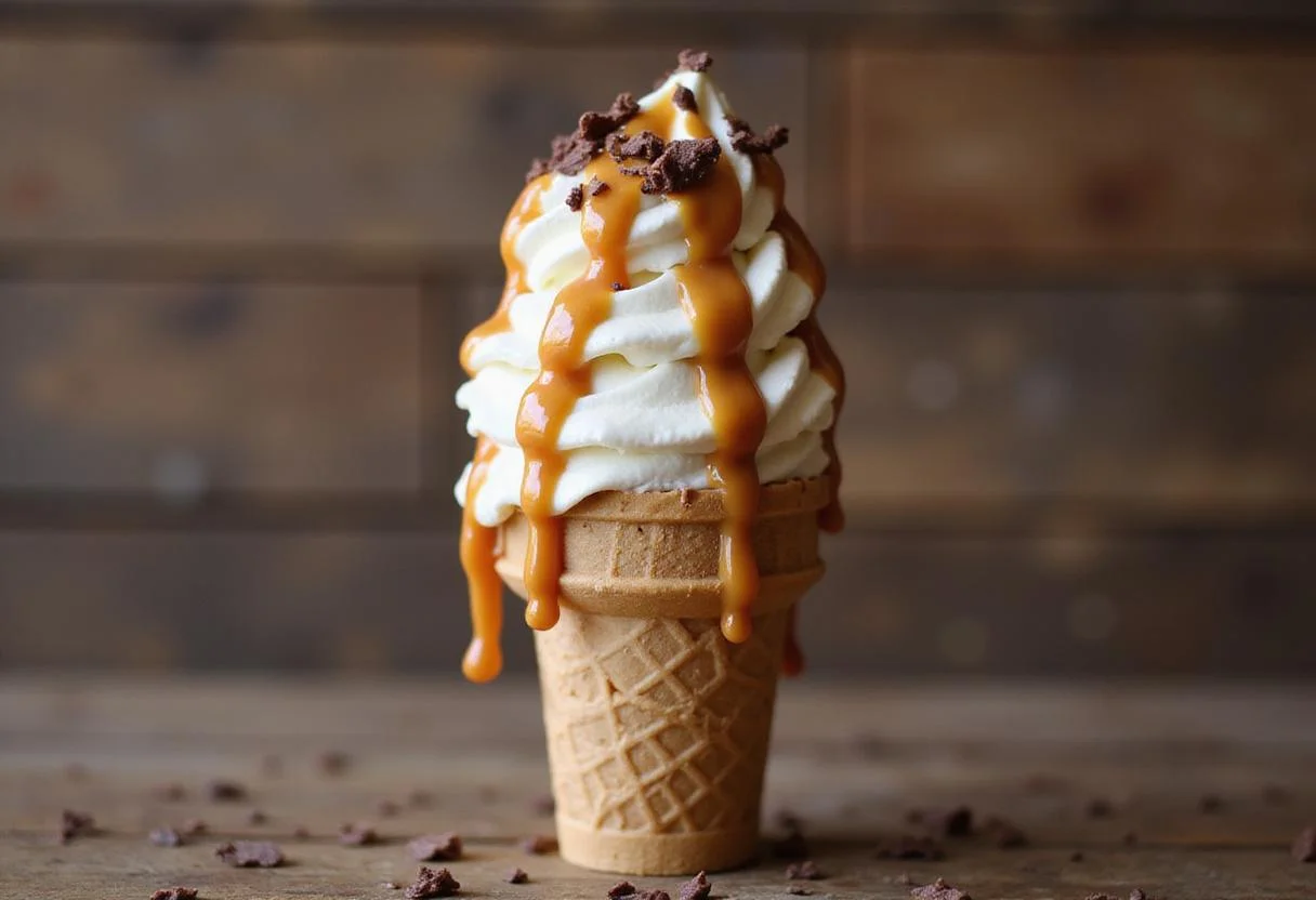 Delicious caramel cone ice cream swirl, elegantly garnished, showcasing the creamy dessert perfect for summer.
