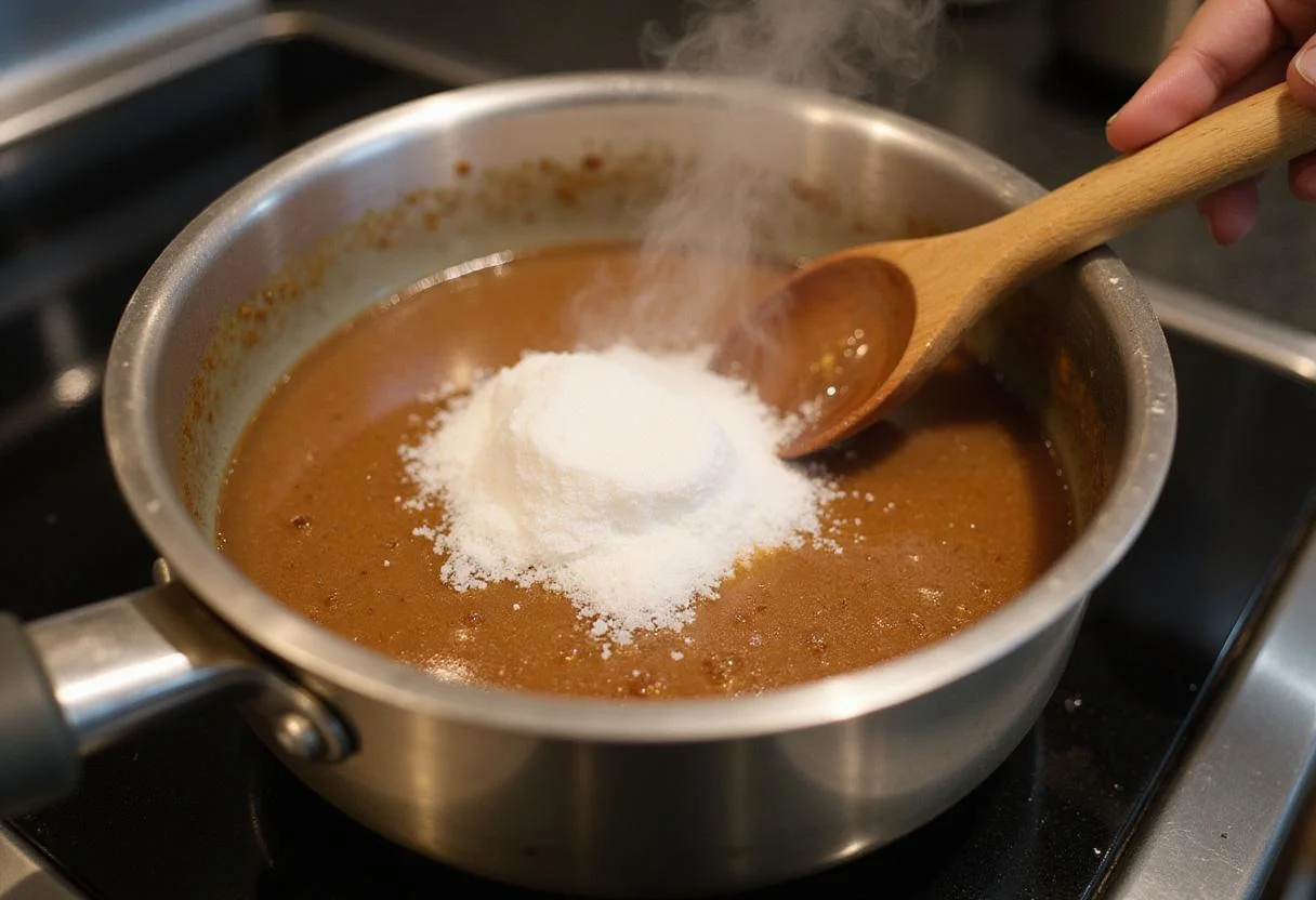 Caramel cone ice cream syrup preparation, sugar and water in a pot creating sweet caramel.