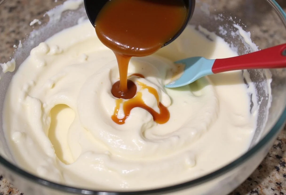 Combining caramel with whipped cream for ice cream swirl, achieving a rich, creamy texture.