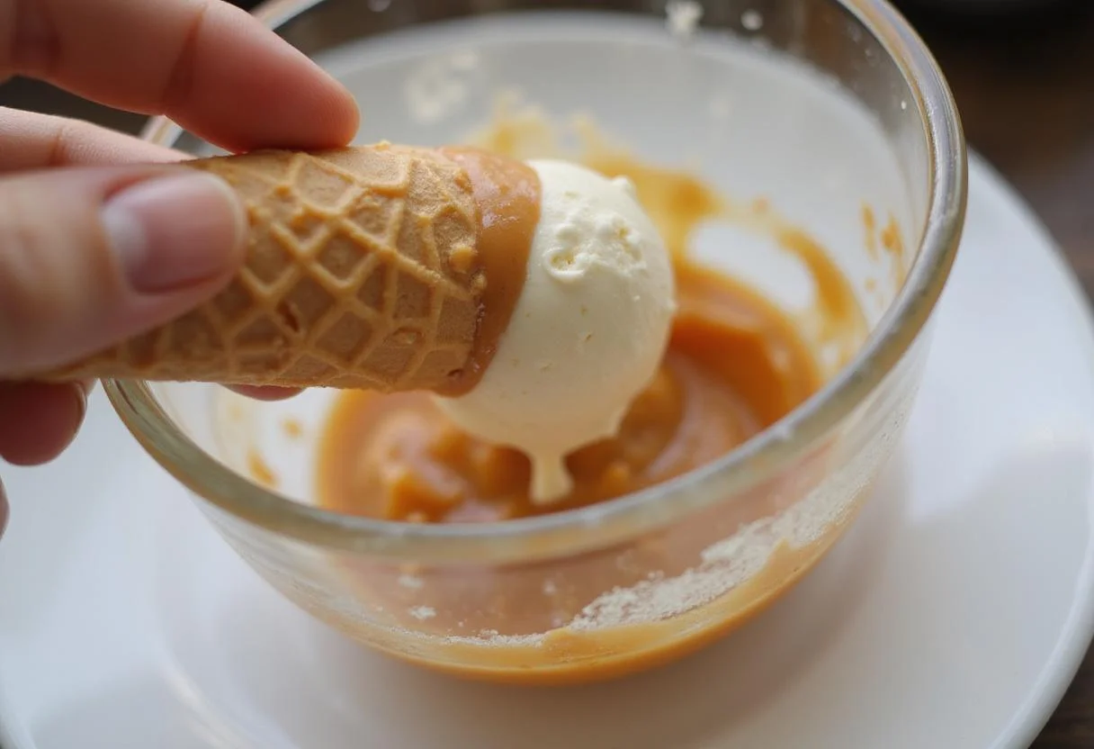 Filling ice cream cones with caramel swirl ice cream, showcasing the creamy and delicious texture.