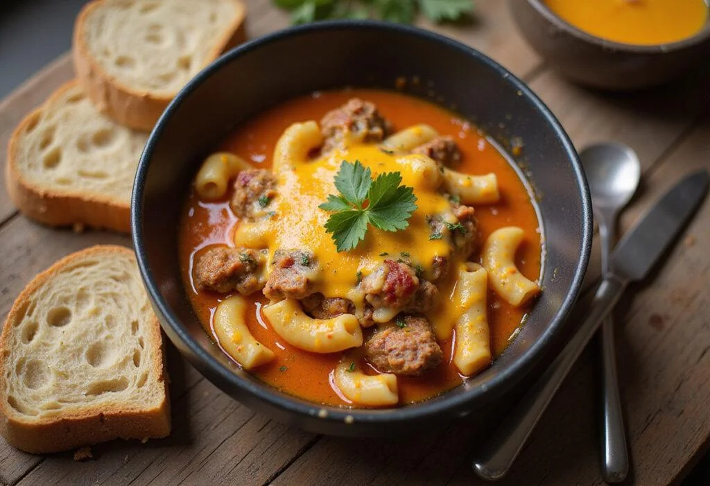 Final presentation of cheeseburger macaroni soup in a bowl, highlighting its cheesy richness and inviting flavor, perfect for any meal.