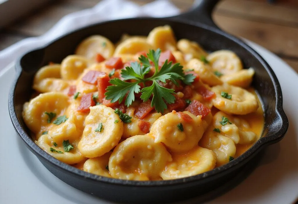 Finished dish of cheesy Philly tortellini skillet, a delightful meal featuring philly cheesesteak tortellini pasta with vibrant garnishes.
