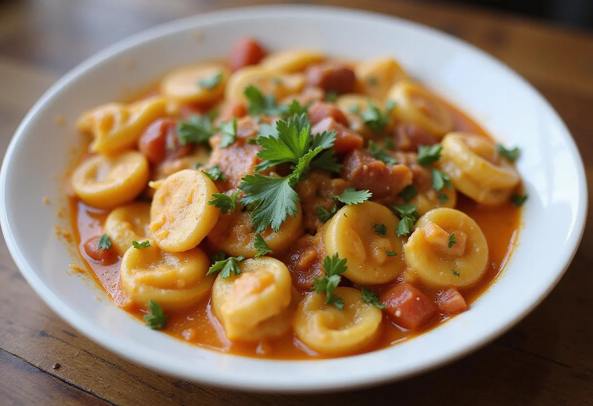 Finished dish of cheesy Philly tortellini skillet, a delightful meal featuring philly cheesesteak tortellini pasta with vibrant garnishes.