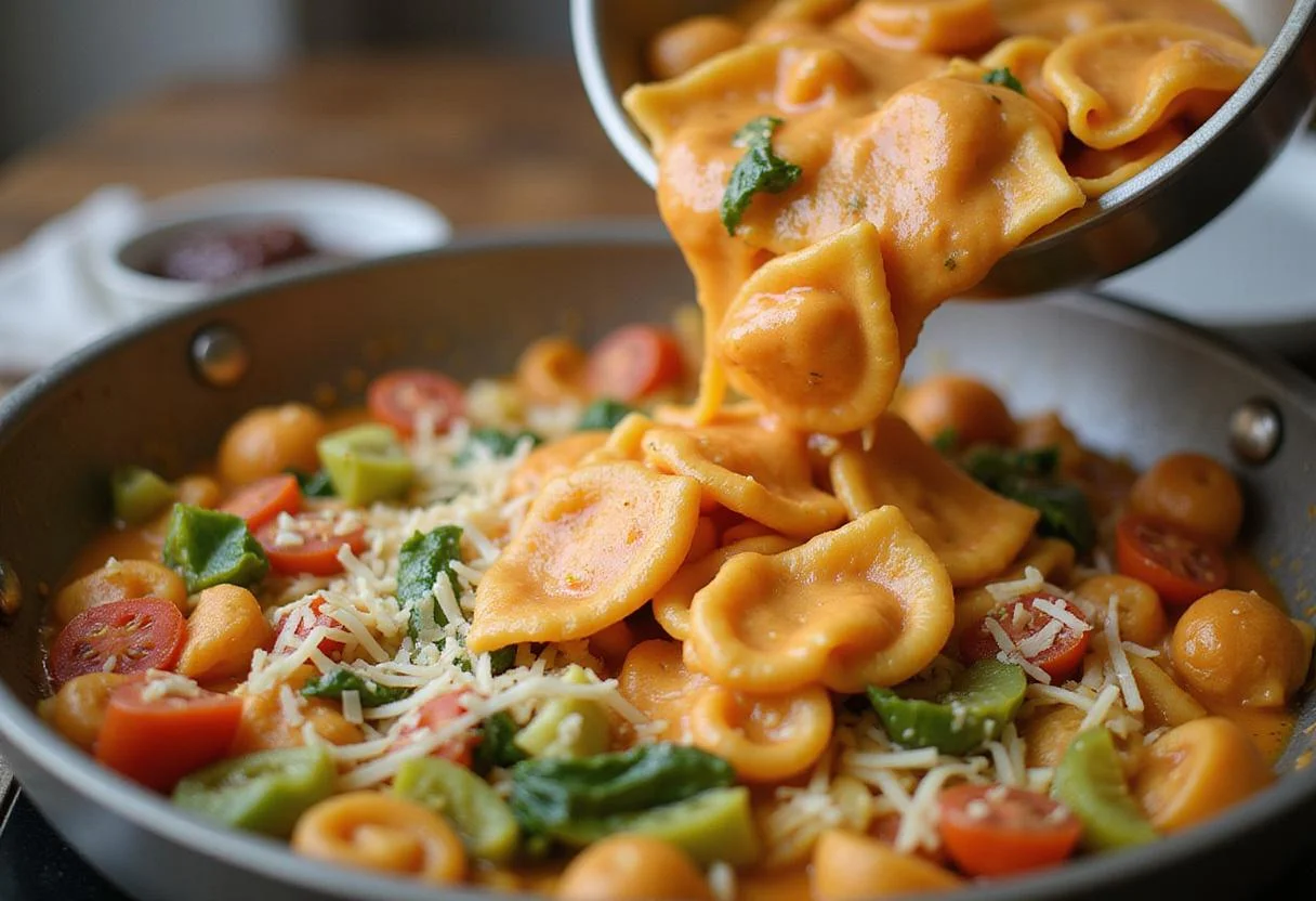 Mixing tortellini with sautéed vegetables and creamy cheese sauce for a hearty Philly cheesesteak tortellini pasta.