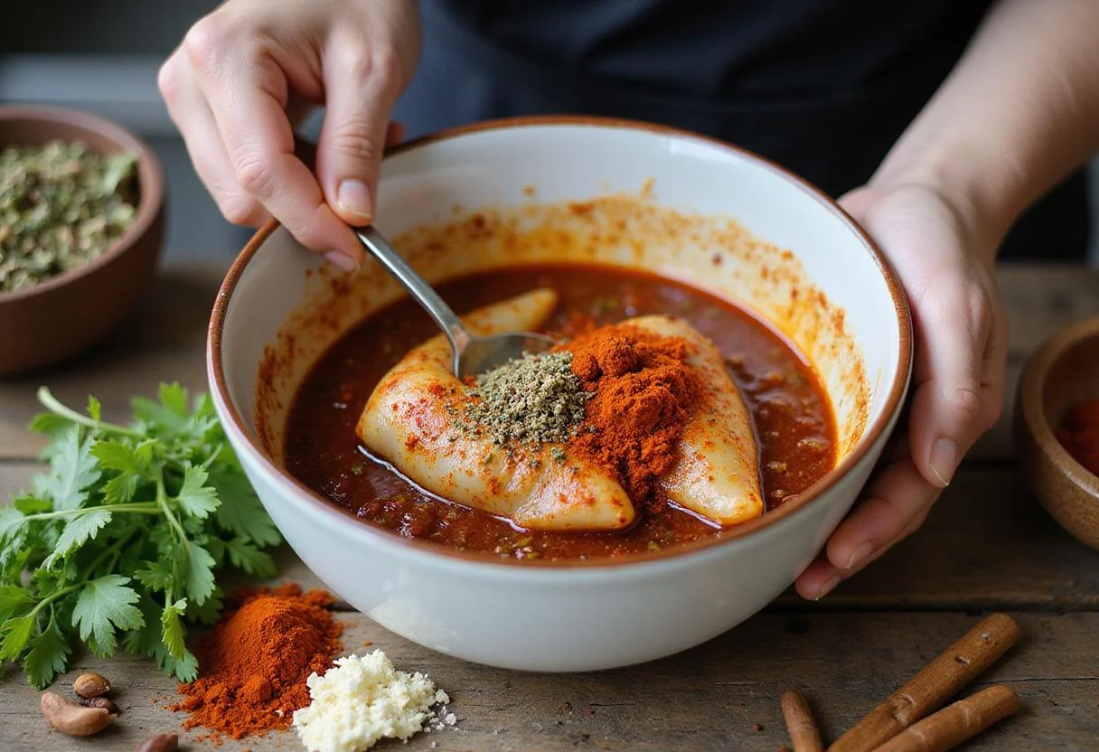 Preparing marinade for chicken birria, featuring fresh spices and herbs for chicken birria tacos recipe.