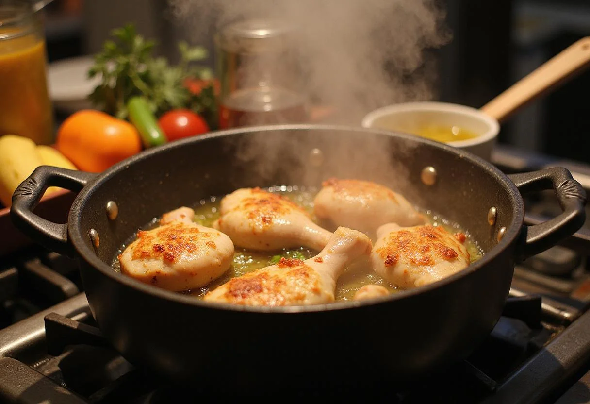 Searing chicken in a pot for chicken birria, showcasing the cooking process of chicken birria tacos recipe.