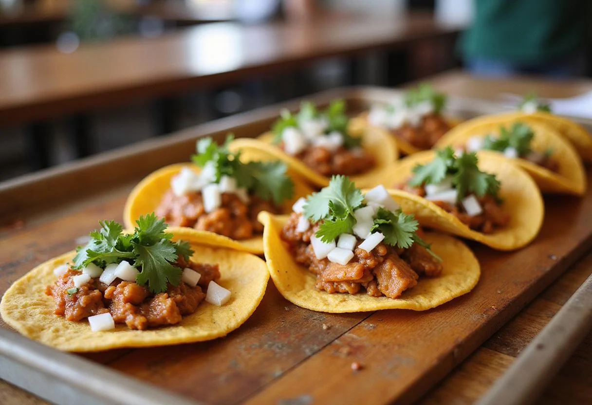 Assembling chicken birria tacos, showcasing the filling and fresh toppings as part of the chicken birria tacos recipe.