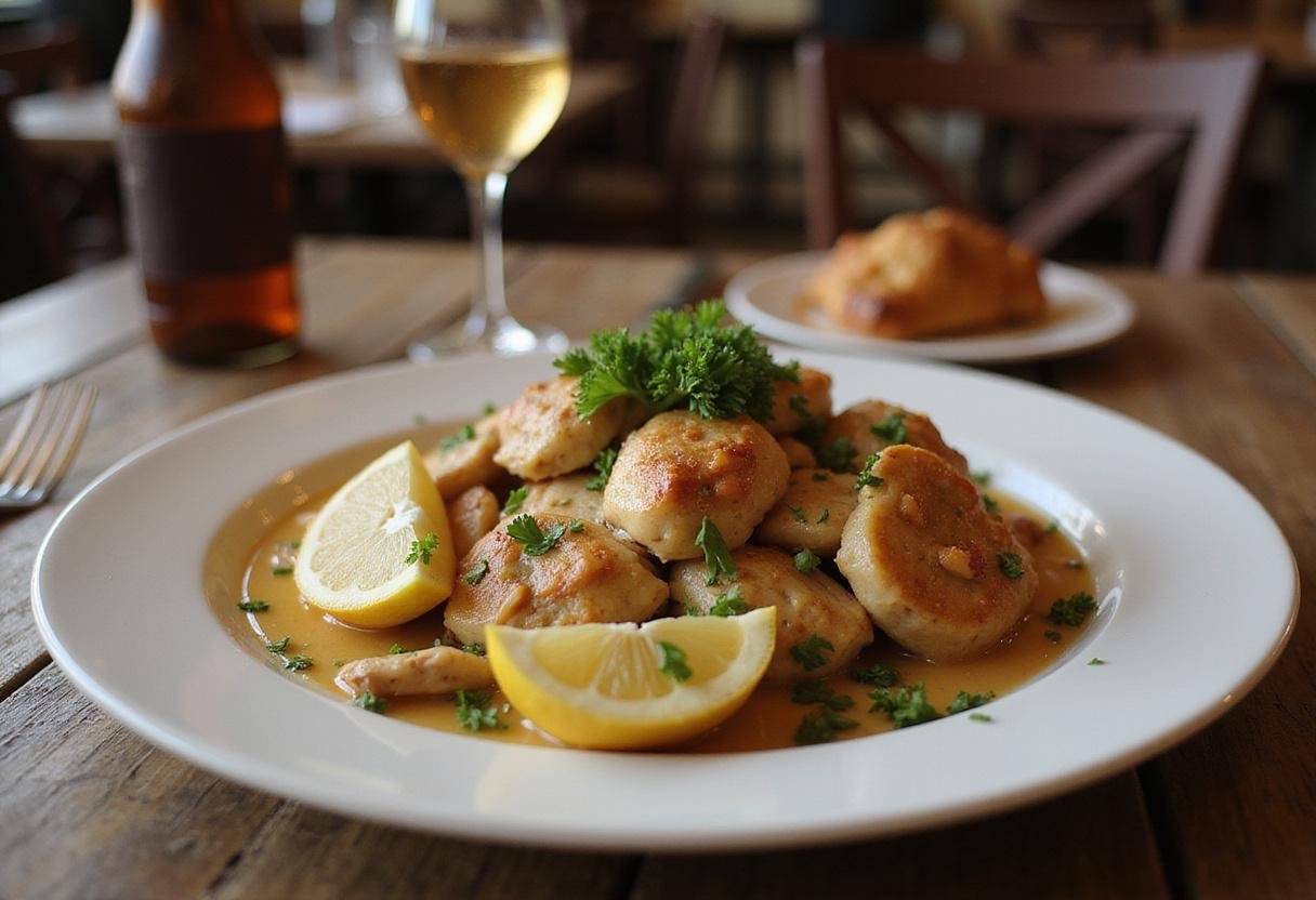 Deliciously served Chicken Chesapeake on a rustic wooden table, garnished with parsley and lemon wedges.
