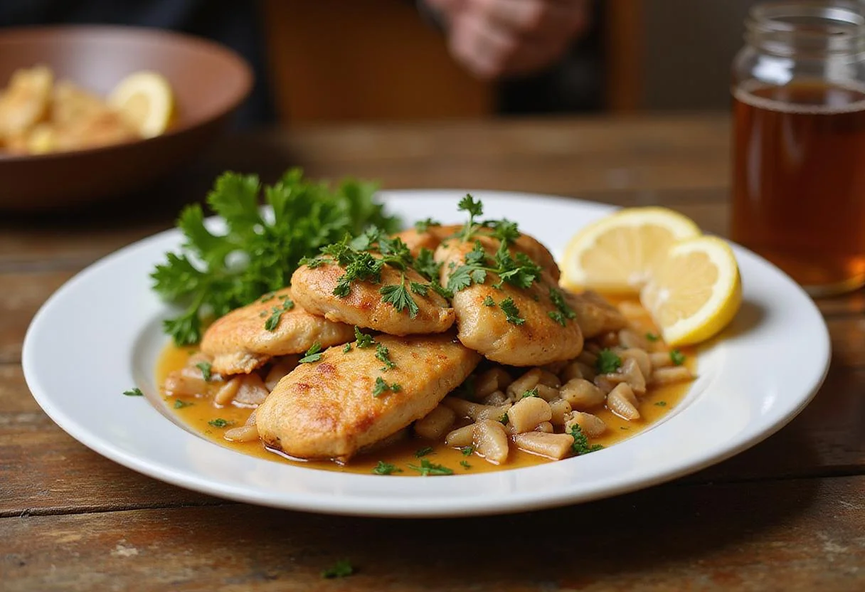 Deliciously served Chicken Chesapeake on a rustic wooden table, garnished with parsley and lemon wedges.