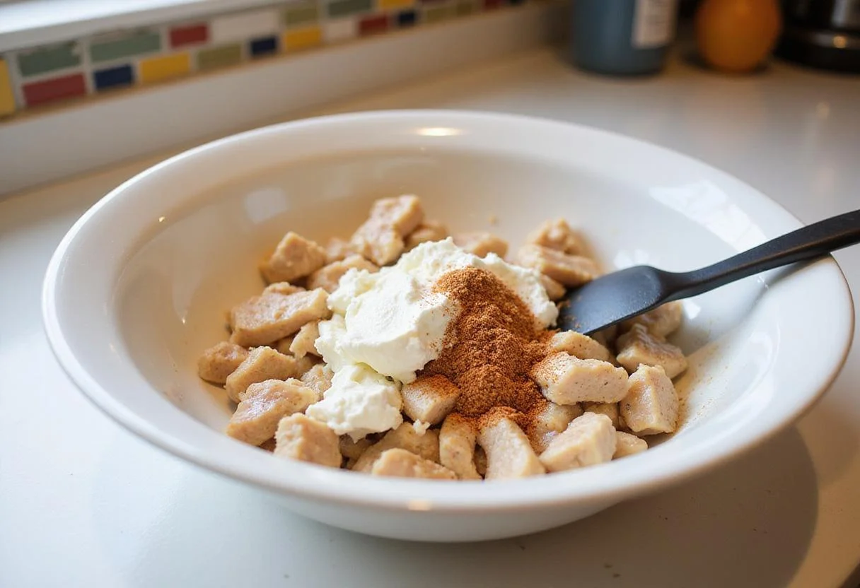 Preparation of Chicken Chesapeake with diced chicken, cream cheese, and Old Bay seasoning in a bright kitchen.
