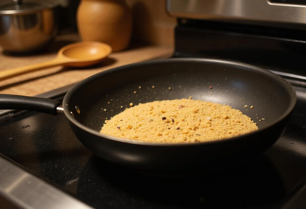 Toasting breadcrumbs for Chicken Chesapeake in a warm and inviting kitchen setting.