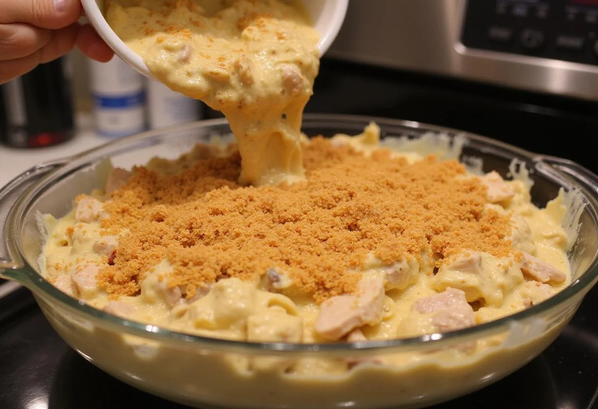 Assembling Chicken Chesapeake in an oven-safe dish with creamy chicken and toasted breadcrumbs.